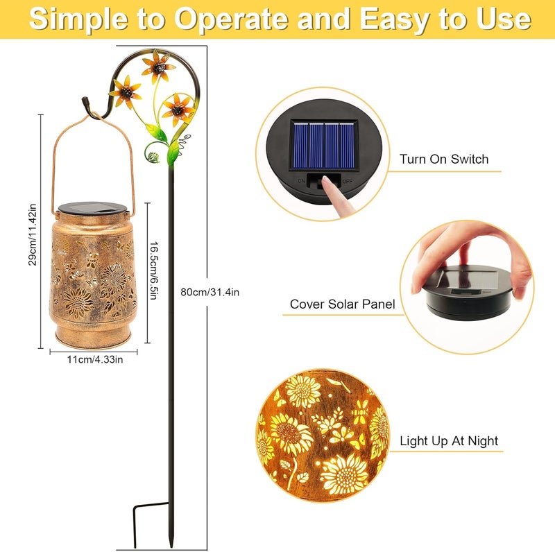 SANDECO Sunflower Solar Lanterns Outdoor Waterproof, Gifts for Women Mom Grandma Birthday, Metal Hanging Lantern Solar Lights LED Decoration with Shepherd Hook Outside for Yard, Patio, Porch, Garden Decor - Image 4